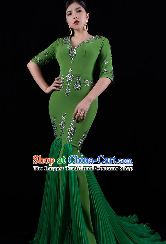 Top Grade Catwalks Green Trailing Dress Stage Performance Costume Annual Meeting Compere Full Dress