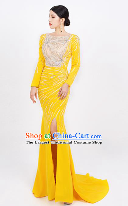 Top Grade Stage Show Clothing Annual Meeting Embroidery Beads Full Dress Catwalks Compere Yellow Trailing Dress