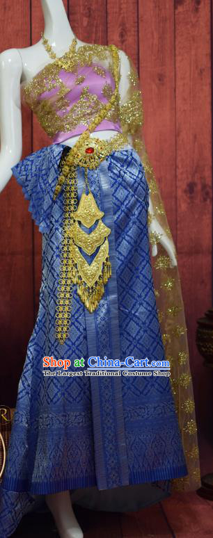 Asian Thai Wedding Uniforms Lilac Top and Royalblue Brocade Skirt Traditional Thailand Court Bride Dress Clothing