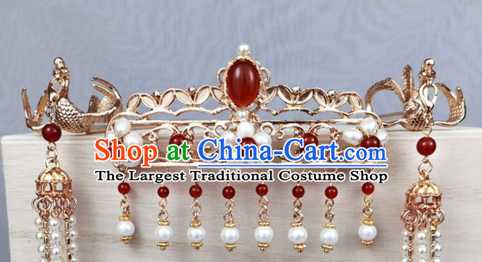 China Traditional Ming Dynasty Hair Accessories Ancient Empress Golden Phoenix Hair Crown and Pearls Tassel Hairpins