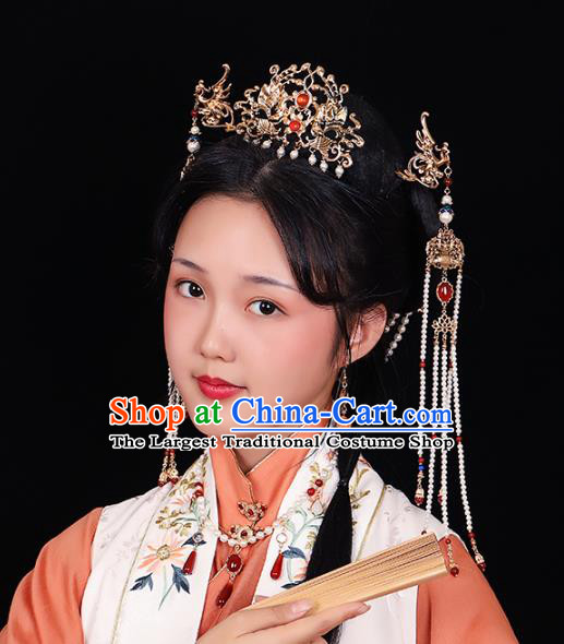 China Traditional Ming Dynasty Hair Accessories Ancient Empress Golden Phoenix Hair Crown and Pearls Tassel Hairpins