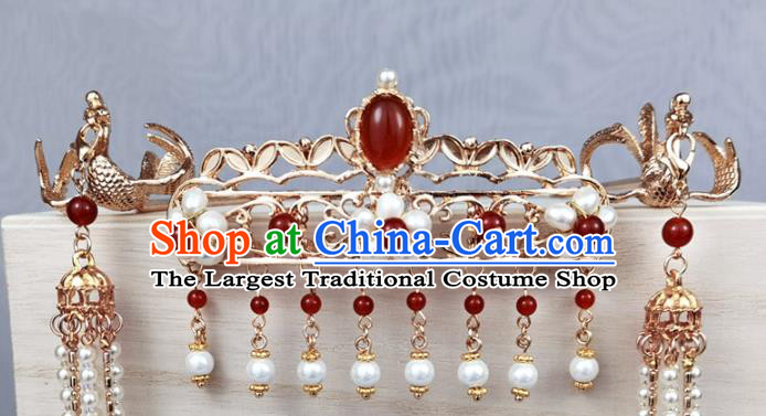 China Traditional Wedding Hair Accessories Ancient Princess Pearls Tassel Hair Crown and Golden Phoenix Hairpins