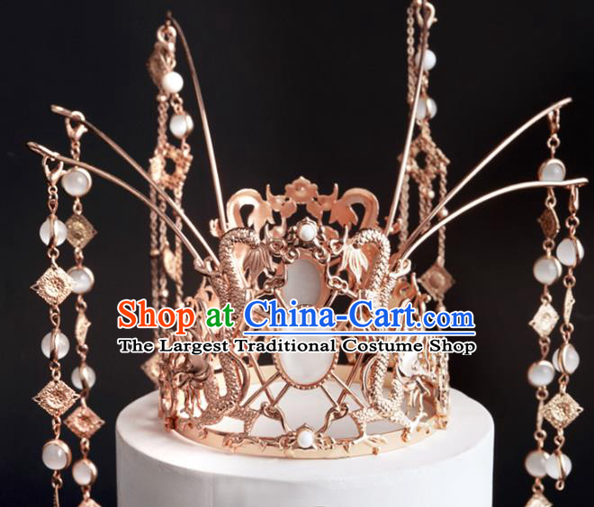 China Traditional Hanfu Wedding Headwear Ancient Princess Golden Dragons Tassel Hair Crown