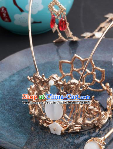 China Traditional Hanfu Wedding Headwear Ancient Princess Golden Dragons Tassel Hair Crown