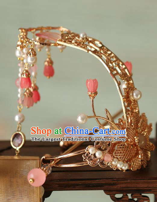China Traditional Ming Dynasty Wedding Headwear Ancient Princess Golden Peony Hair Crown and Hairpin