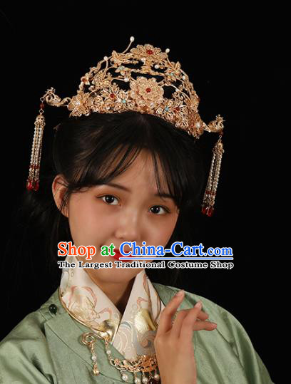 China Traditional Ming Dynasty Wedding Hair Accessories Ancient Empress Golden Peony Pearls Hair Crown