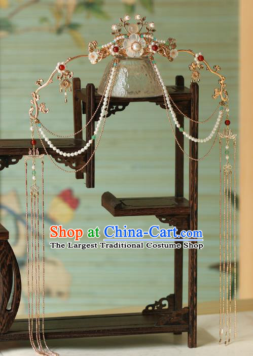 China Traditional Hanfu Shell Flower Hair Clasp Ancient Princess Tassel Hair Crown