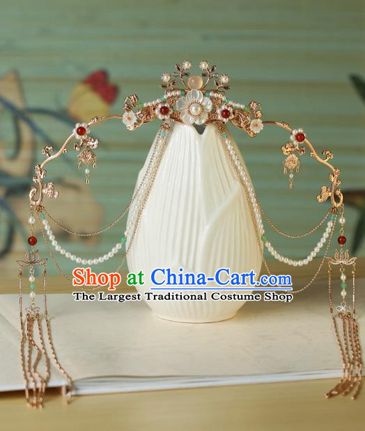 China Traditional Hanfu Shell Flower Hair Clasp Ancient Princess Tassel Hair Crown