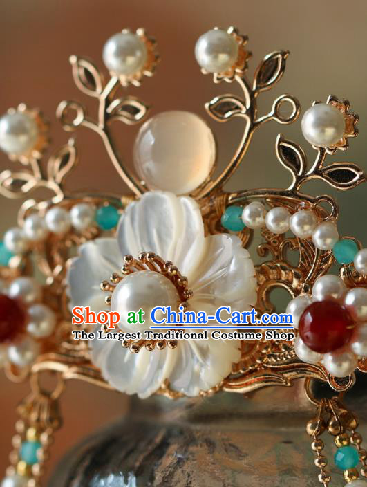 China Traditional Hanfu Shell Flower Hair Clasp Ancient Princess Tassel Hair Crown