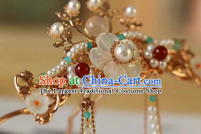 China Traditional Hanfu Shell Flower Hair Clasp Ancient Princess Tassel Hair Crown