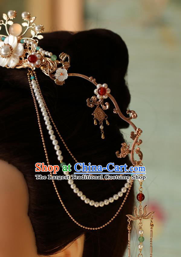 China Traditional Hanfu Shell Flower Hair Clasp Ancient Princess Tassel Hair Crown