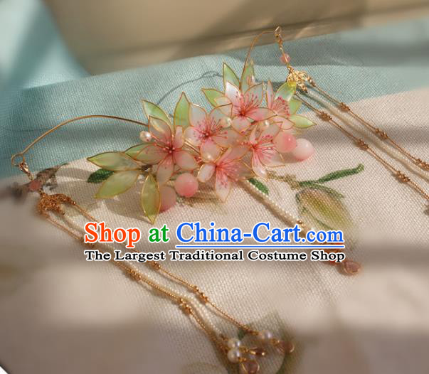 China Traditional Hanfu Beads Tassel Hair Crown Ancient Palace Princess Peach Blossom Hairpin