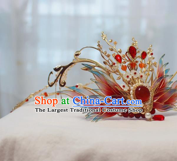 China Ancient Ming Dynasty Bride Hairpin Traditional Wedding Red Phoenix Tassel Hair Crown
