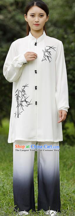 China Tai Chi Training Costumes Traditional Martial Arts Ink Painting Bamboo White Uniforms