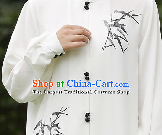 China Tai Chi Training Costumes Traditional Martial Arts Ink Painting Bamboo White Uniforms