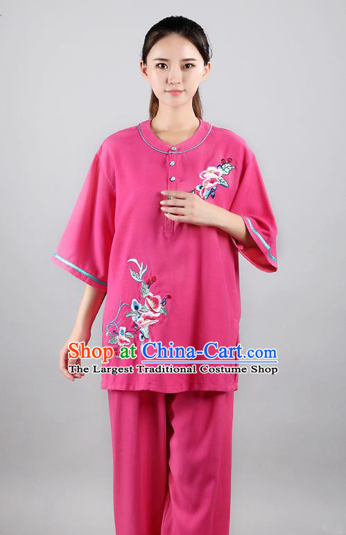 China Traditional Martial Arts Embroidered Rosy Flax Uniforms Tai Chi Kung Fu Costumes