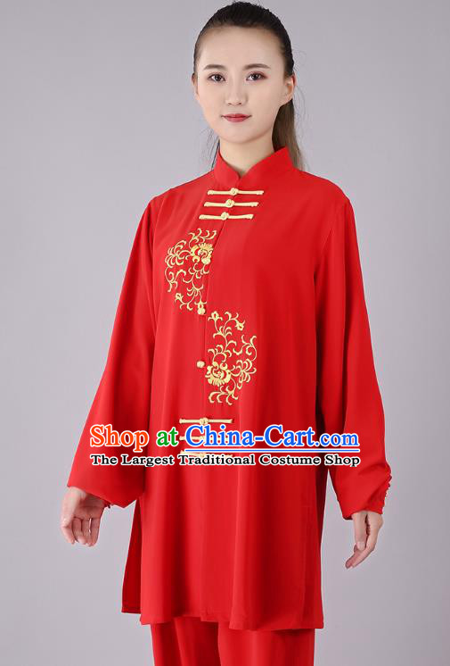 China Traditional Kung Fu Red Uniforms Tai Chi Competition Performance Costumes