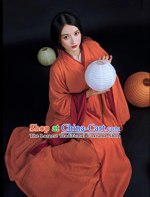 China Ancient Court Beauty Orange Hanfu Dress Traditional Jin Dynasty Palace Princess Historical Clothing