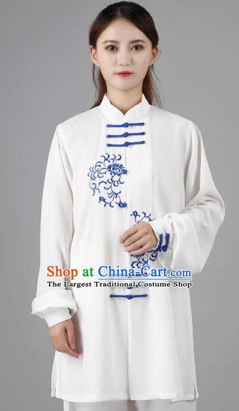 China Traditional Kung Fu Embroidered White Flax Uniforms Tai Chi Competition Costumes