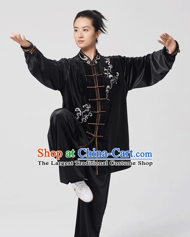China Traditional Martial Arts Embroidered Black Velvet Uniforms Tai Chi Kung Fu Performance Costumes