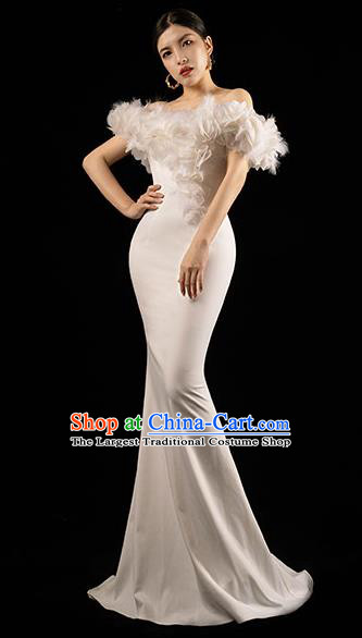 Top Grade Annual Meeting Slim Full Dress Catwalks White Feather Off Shoulder Dress Stage Show Clothing