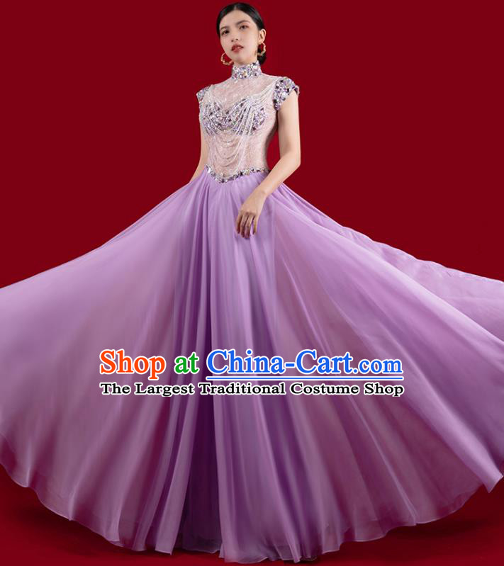 Top Grade Embroidered Beads Tassel Full Dress Annual Meeting Stage Show Violet Dress Catwalks Clothing