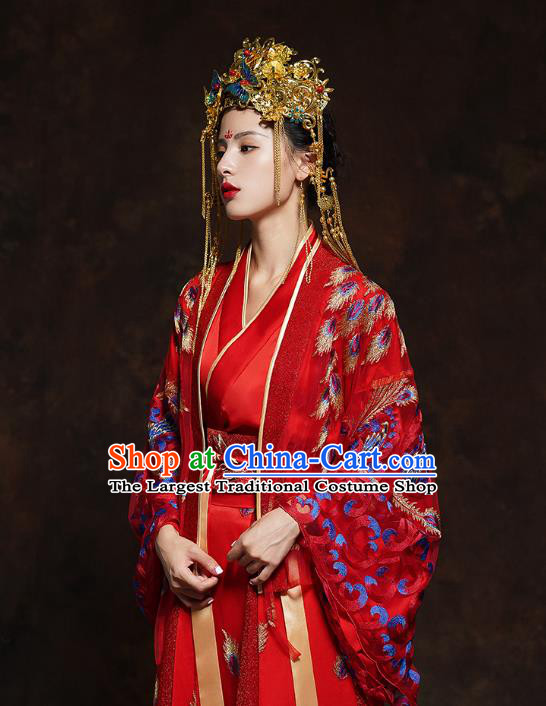 China Classical Wedding Bride Red Toast Dress Traditional Ancient Queen Embroidered Costumes