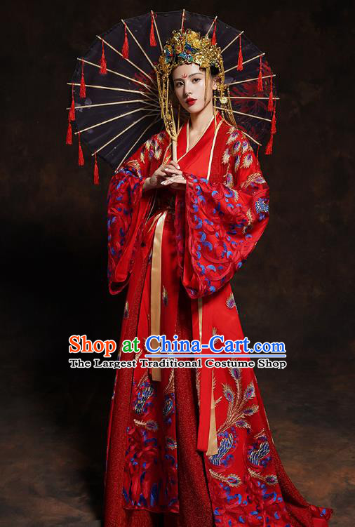 China Classical Wedding Bride Red Toast Dress Traditional Ancient Queen Embroidered Costumes