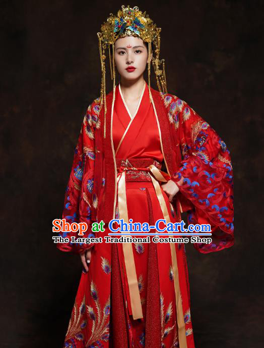 China Classical Wedding Bride Red Toast Dress Traditional Ancient Queen Embroidered Costumes