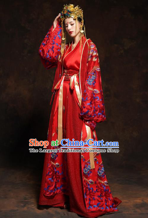 China Classical Wedding Bride Red Toast Dress Traditional Ancient Queen Embroidered Costumes