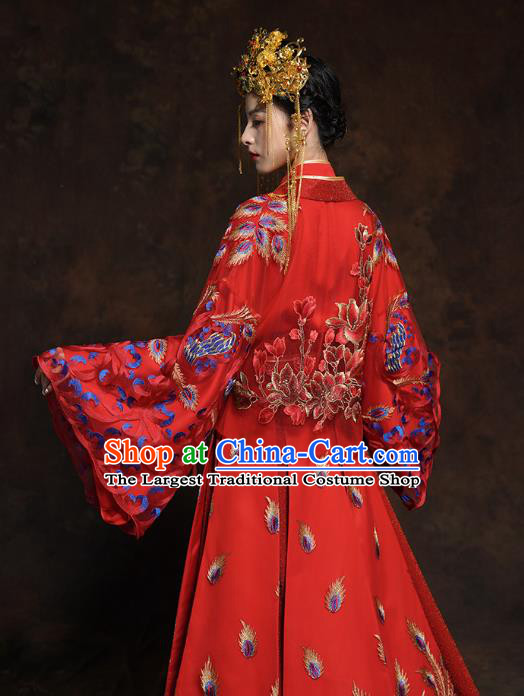 China Classical Wedding Bride Red Toast Dress Traditional Ancient Queen Embroidered Costumes