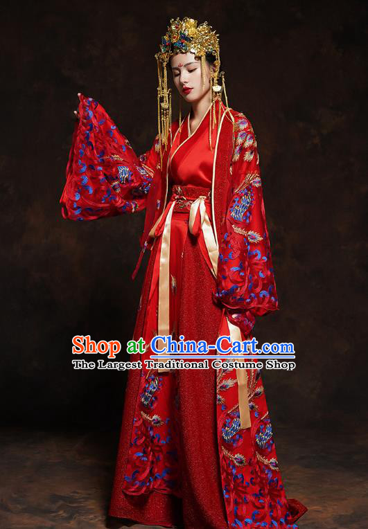 China Classical Wedding Bride Red Toast Dress Traditional Ancient Queen Embroidered Costumes