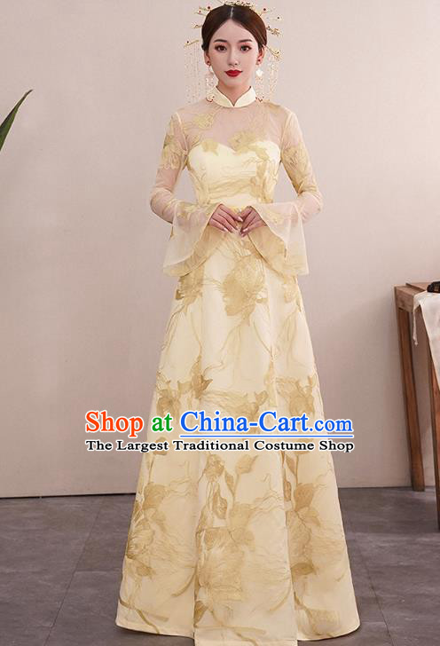 Chinese Classical Embroidered Toast Dress Traditional Wedding Bride Light Golden Cheongsam Clothing