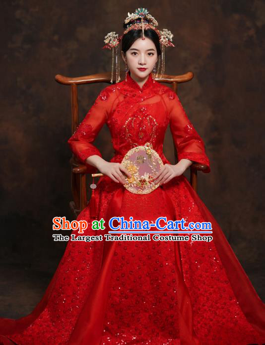 China Classical Bride Red Blouse and Dress Traditional Embroidered Wedding Costumes