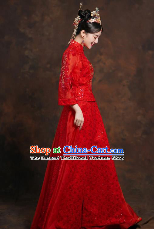 China Classical Bride Red Blouse and Dress Traditional Embroidered Wedding Costumes