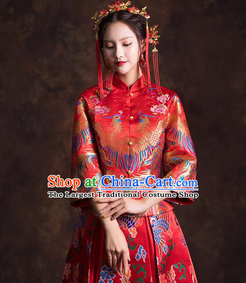 China Classical Xiuhe Suits Red Brocade Blouse and Dress Traditional Wedding Bride Costumes