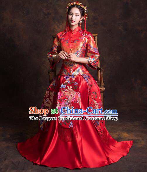 China Classical Xiuhe Suits Red Brocade Blouse and Dress Traditional Wedding Bride Costumes