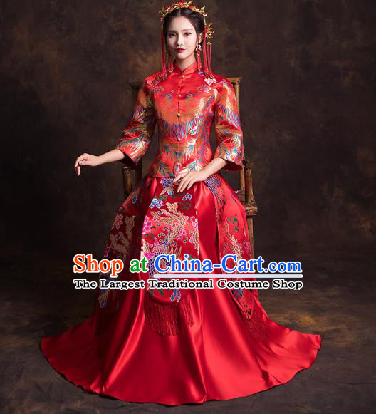 China Classical Xiuhe Suits Red Brocade Blouse and Dress Traditional Wedding Bride Costumes