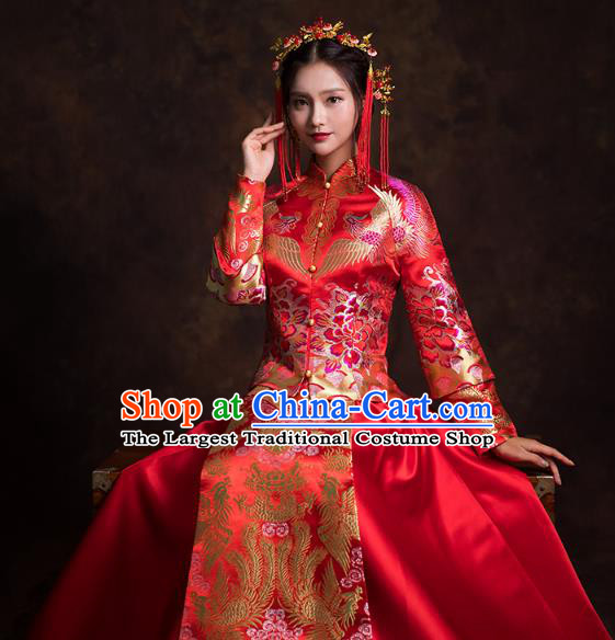 China Traditional Wedding Bride Costumes Classical Xiuhe Suits Red Brocade Mandarin Jacket and Dress