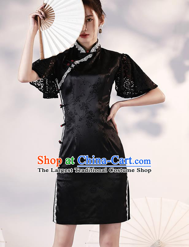 Chinese Classical Lace Sleeve Qipao Dress Traditional Modern Young Lady Black Short Cheongsam Clothing
