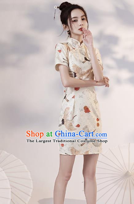 Chinese Modern Short Cheongsam Clothing Classical Printing Cranes White Qipao Dress