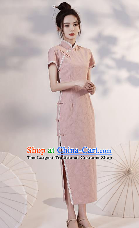China Traditional Young Lady Pink Qipao Dress National Stage Performance Cheongsam