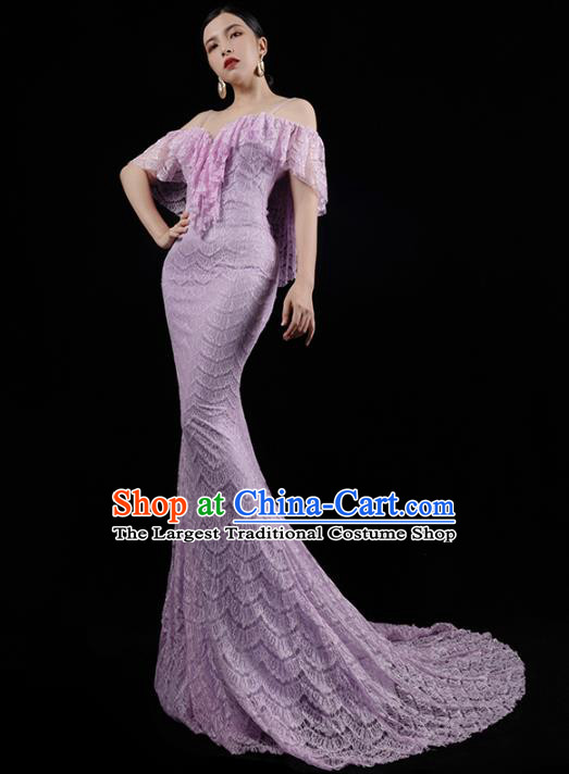 Top Grade Compere Full Dress Annual Meeting Lilac Lace Trailing Dress Catwalk Performance Clothing