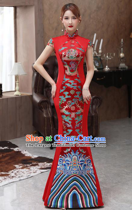 Chinese Catwalks Wedding Costume Stage Show Fishtail Qipao Dress Red Brocade Cheongsam