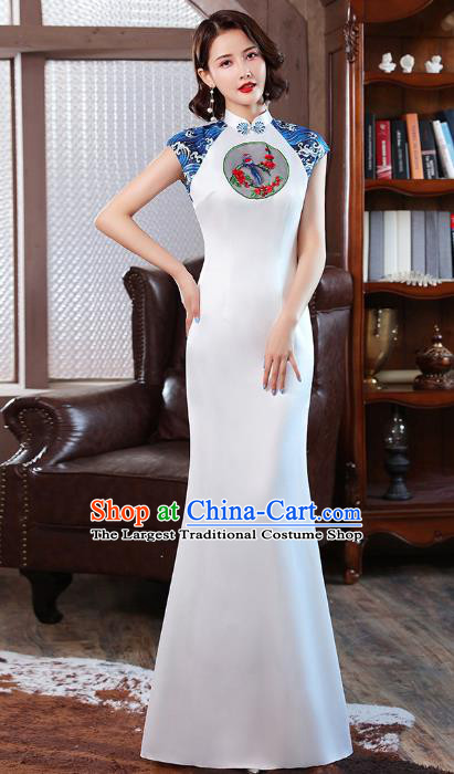 Chinese Modern Embroidery White Cheongsam Catwalks Costume Stage Show Fishtail Qipao Dress