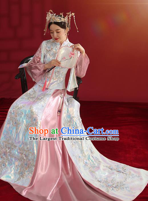 China Bride Dress Traditional Wedding Costumes Classical Embroidered Pink Xiuhe Suit
