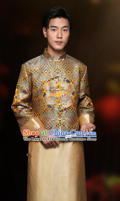 Chinese Classical Bridegroom Clothing Traditional Wedding Costume Golden Mandarin Jacket and Long Robe