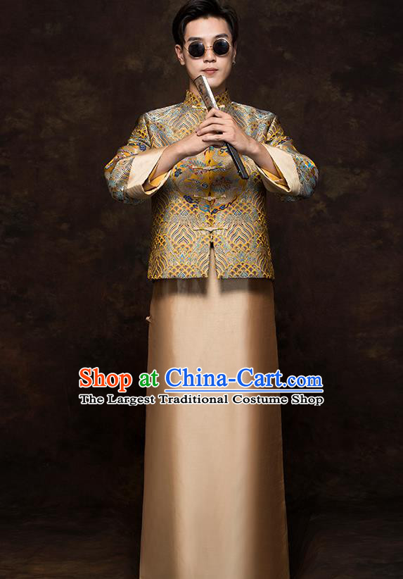 Chinese Classical Bridegroom Clothing Traditional Wedding Costume Golden Mandarin Jacket and Long Robe
