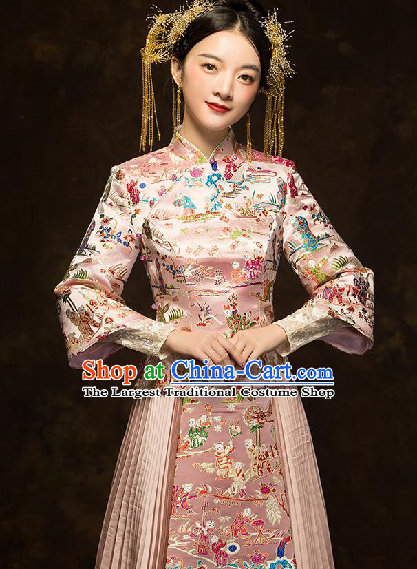 China Classical Embroidered Pink Xiuhe Suit Bride Dress Traditional Wedding Costumes