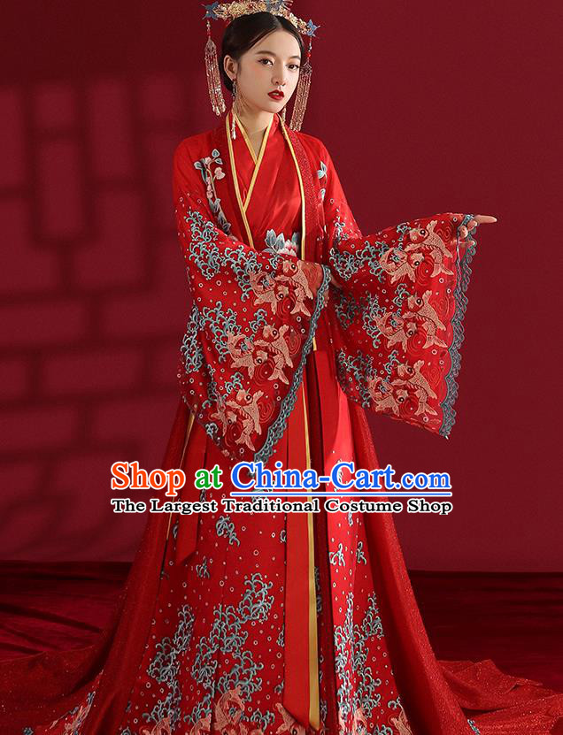 China Classical Embroidered Red Wedding Dress Traditional Ancient Empress Hanfu Costumes